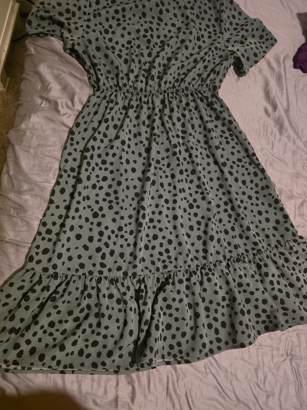 Midi Dress in Sage Green with Black Spot Print